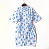 Party Dresses PERHAPS U Blue Yellow Polka Dot Print Turn Down Collar Shirt Dress Half Sleeve Pocket Sash Mini Summer D0705