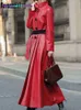 Women's Leather Faux Leather Nerazzurri Autumn Maxi skirted leather trench coat for women Long Sleeve Double Breasted Elegant Luxury womens fall fashion 022123H