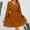 Casual Dresses 2023 Women's Wrap V Neck Dress Wedding Guest Pleated Long Sleeved Mini Summer Vestidos Mujer Robes