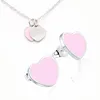 Vintage enamel PINK Green Double Heart Charms Necklace and Earring Jewelry set Pendant Women Men chain Stainless Jewellry sets