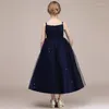 Flickaklänningar DideyTtawl Party Dress for Kids Birthday Formal Communion Princess klänningar Navy Blue Tulle Bowtie Flower