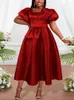 Casual Dresses Vintage Red Prom Elegant Square Neck Puffy High midje veckad flödande klänning Modig Evening Wedding Guest Födelsedagsklänning 3xl 3xl 3xl