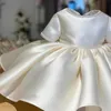 Flickans klänningar Baby Girl Princess Dress Satin Pearl Beads Child Vestido Party Wedding Pageant Birthday Baby Clothes Christmas Baptism Frocks W0221