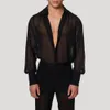 Мужские повседневные рубашки сетчатая лацкат через сексуальную стильную кнопку 2023 Прозрачный ночной клуб с длинным рукавом ЕС M2XL 230221