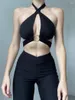 Women's Tanks Cross Halter Backles Tank Top Metal Ring Cut Out Rave Festival Push Up Crop Tops V Neck Clubwear Sexy Summer 2023 Camis