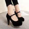 Kleidschuhe 2023 Sexy Mary Janes Frauen OL High Heels Black Flock Pumps Weibliche Plattform Winter Dick mit Herbst Runde Single