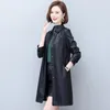 Women's Leather Women Spring Autumn Coat Casual Fashion Plus Cotton Lining Medium Long Loose Sheepskin Trench Mother Topcoat