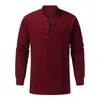 Camisetas masculinas 61# Stand vintage colar de verão masculino de manga longa Laca de cor sólida Lace acima da camiseta de batedeira de cordão superior ROPA HOMBRE