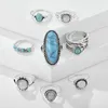 Cluster ringen 8pcs etnische stijl retro ingelegde turquoise gesneden veren ring mode persoonlijkheid combinatie set dames sieraden 2023