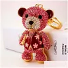 Keychains Lanyards Wholesale Creative Lovely Diamond Inlaid NT Bear Key Chain Animal Car Keyrings Metal Pendant Dhitn