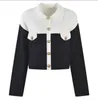 206 2023 Spring Summer Women Sweater Long Sleeve Lapel Neck Black Khaki Striped Cardigan Womens YL6