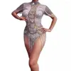 Scene Wear Sexig Stretch Dance Leotard Costume Performance Party Celebrate Show Stones Fashion Rhinestones Pearls Bodysuit