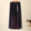 Skirts Fashion Yarn Long Skirt Vintage Loose Elastic Waist Large Hem Black Ethnic Style Embroidery A-LINE For Women