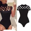 Women's Jumpsuits & Rompers Summer Bodysuit Women Sexy Bow Black Mock Neck Patchwork Long Sleeve Back Ladies Lace Mesh Transparent Tops #LR4