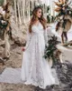 بوهيميان الدانتيل A-line فساتين الزفاف مسح قطار الأكمام الطويلة V-Neck Beach Bridal Vrics High Weist Simple Country Bride Dress 2023 Spring Summer Vestido de Novia