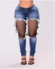 Frauen Jeans Sexy Fishnet Patchwork Frauen Mode Hohe Taille Ripped Loch Denim Hosen Weibliche Dünne Quaste