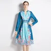 2023 Col montant Rétro Floral Midi Robes À Manches Longues Femmes Designer Robe Coupe Élégante Slim Taille Haute Robe Froncé Printemps Automne Piste Dames Vacances Robes