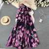 Vår- och höstdesignkänsla en-axelklänning med blossade ärmar i midja blommig pleatsknee-längd stor svänghelg lång kjol