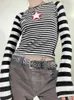 Dames T -shirt WeeKeK Autumn T -shirt Vintage Star Print Striped Striped lange mouw Crop top voor vrouwen Harajuku Casual pullovers y2k esthetische dames 230220