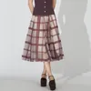 スカート秋のメッシュパッチワークjupe femme日本のシックヒットカラー格子縞ガーゼヴィンテージリーガントハイウエストラインスカート