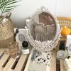 Dekorativa föremål Figurer Cutelife Nordic Silver Plastic Vintage Mirror Small Round Makeup Bedroom Ins Table Room Standing Glass 230221