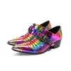 Mode Rainbow Laser Party Men Oxford Shoes Pointed Toe Formal Brogue Shoes Club Lace Up Real Leather Shoes