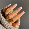 Valse nagels 24 -stcs nep naakt roze parel nagel tips lange kist kist eenvoudige draagbare pers op het Franse witte rand vierkant