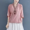 Women's Blouses Cotton 2023 Women Shirt Summer Cardigan Embroidery V Neck Fashion Half Sleeve Casual Blouse YoYiKamomo