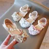 Sandals Girls Shoes 2022 Spring Summer Sequin Glitter Princess Sandals Kids Girl Bow Pearl Dance Shoes Children's Flat Shoes CSH1286 R230220