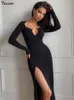 Casual Dresses Yiallen Autumn Crossed Cleavage Maxi Dress Women Concise Side Spilled Elegant Vestido Lady High Street Bodycon Slim Robe Kirt 230221