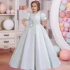 Flickans klänningar 2023 paljetter Flower Kids Party Dresses For Girls Children Come BridEMaids Princess Dress Girl Wedding Puff Sleeve Gown 5-14 Y W0221