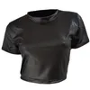 Kvinnors T-skjortor Kvinnor Casual Faux Leather T-Shirt Crop Tops Kort ärm Sexig punk midriff tee klubbkläder svart bodycon mager skjorta