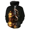 Herrtröjor cnuuikooek tröjor 3d flamskalle tryckt huva pocket pullover hoody mode