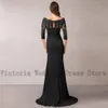 Casual Dresses Black Mermaid Mother of the Bride 34 ärmar Bateall Neck bröllopsfestklänningar Lace Applicques Vestido de Fiesta Boda 230221