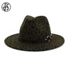 Wide Brim Hats Men Women Leopard Print Jazz Hat Flat Felt Fedora With Belt Buckle Panama Cowboy Trilby Party Formal Top