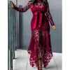 Plus Size Dresses Pure Color 2023 Clothing Elegante Lace Hollow Out Long Sleeve Stand Up Collar High Waist Tie Irregular