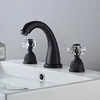 Badezimmer-Waschtischarmaturen, Waschtischmischer, schwarzer Messing-Wasserhahn, 3 Löcher, doppelter Kristallgriff und goldene Badewannenarmaturen für kaltes Wasser