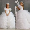 Girl Dresses White Tiered Ball Gown Flower For Wedding 2023 Short Puffy Sleeves Glitter Sequined Appliques First Communion Gowns