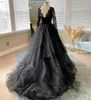 Party Dresses DREAM Gothic Long Sleeves Tulle Wedding Lace Appliques Sweep Black Gown Sweetheart Tiered Bridal 230221