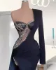 Black Mermaid Evening Dresses Single One Shoulder Long Sleeves Illusion Beading Prom Gowns High Slit Crystal Formal Lady Party Dress BC15245