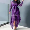 Plus Size Dresses Pure Color 2023 Clothing Elegante Lace Hollow Out Long Sleeve Stand Up Collar High Waist Tie Irregular