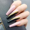 False Nails 24pcs Set Unique Designed Pink Black Press On Nail With Shiny Look Ladies Like Glitter Coffin Long For Home Manicure