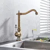 Kitchen Faucets Antique Brass Kitchen Faucet Cold Mixer Tap Single Hole Bathroom Faucet Rotatable crane Blue and white porcelain handle 230221