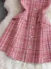 Casual Dresses Autumn Winter Sweet Pink/Black Short Tweed Women Vintage Single-Breasted Sleeveless Slim Mini Tank Dress Korean Fashion