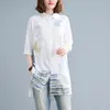 Kvinnors blusar Summer Literature and Art Water Print Shirt Women's Medium Length Loose Casual Mångsidig bomullslinne Split Top Fashion