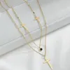 Hangende kettingen groothandel sieraden - 2 line ketting kruis voor vrouwen titanium staal no fade goud / wit