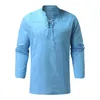 Camisetas masculinas 61# Stand vintage colar de verão masculino de manga longa Laca de cor sólida Lace acima da camiseta de batedeira de cordão superior ROPA HOMBRE