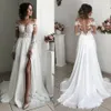 Robes De Soirée Dentelle Robe De Mariée Fendue Manches Longues Aline Split En Mousseline De Soie Dubaï Arabe Simple Boho Robe De Noiva De Mariée 230221