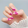 False Nails Rose Red Press On Almond Medium Length Bright Purple Grid Design With Transparent Base Nail Top Forms Decor 24pcs