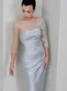 Casual Dresses Silver Grey Mother of the Bride Dress 34 Long Sleeve Lace Tulle Satin Pleated Wedding Party Gown Evening Dress 230221